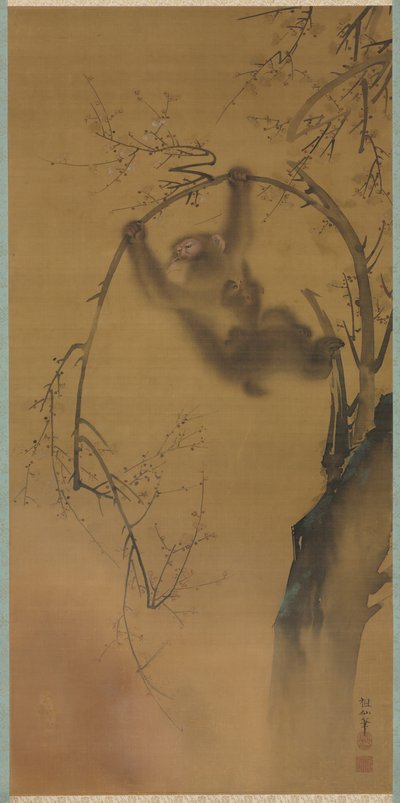 Singes dans un cerisier, singes sur une corniche rocheuse, 1615-1868 - Mori Sosen