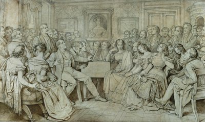 Une soirée chez le baron Spaun, Schubert au piano, le ténor Johann Michael Vogl chantant ... (encre, sépia) - Moritz Ludwig von Schwind