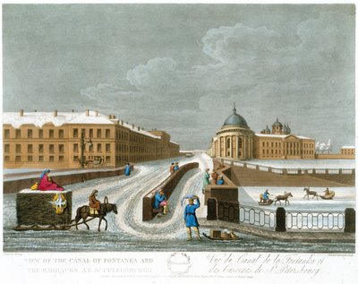 Vue du canal de Fontanka et des casernes, illustration pour novembre de Une année à Saint-Pétersbourg gravée par John H. Clark, colorée par M. Dubourg. pub. 1815 à Londres par Edward Orme - Mornay