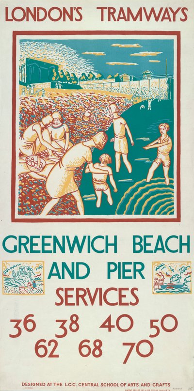 Plage et quai de Greenwich, affiche des tramways du London County Council - Morris Kestelman