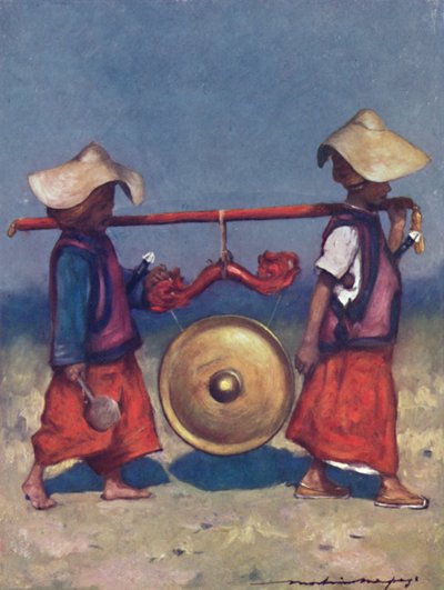 Porteurs Shan transportant un gong en laiton, 1903 - Mortimer L Menpes