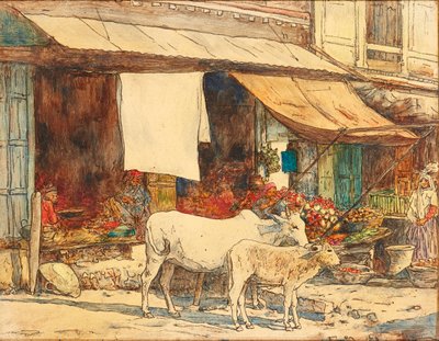 Bétail devant un étal de fruits indien - Mortimer Ludington Menpes