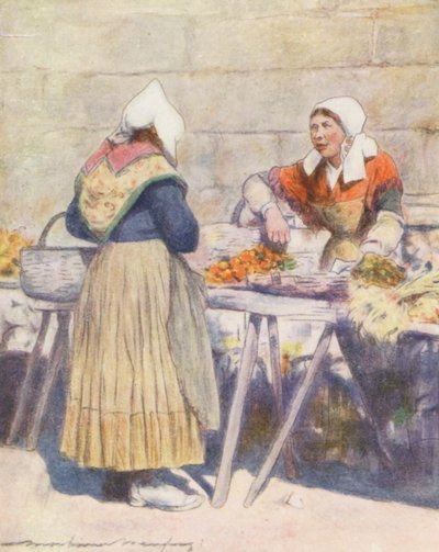 Le marché aux légumes, Quimper (lithographie en couleur) - Mortimer Ludington Menpes