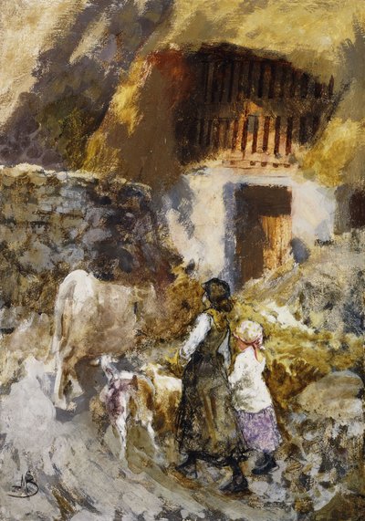 Filles conduisant des animaux à une grange - Mose Bianchi