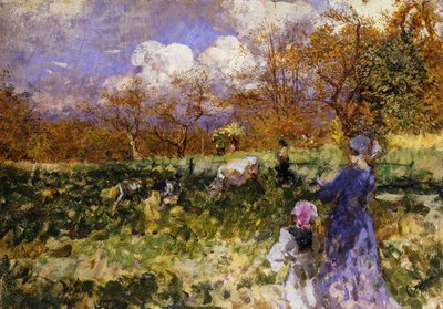 Dans le pré ; Femmes et enfants conduisant des chèvres - Mose Bianchi