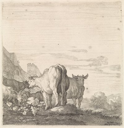 Vaches et chèvres dans un paysage avec maisons (Animaux à quatre pattes, série) - Moyses van Wtenbrouck