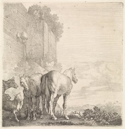 Deux chevaux avec des chèvres et une vache près d