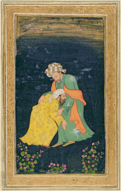 Un mollah se prosternant devant un homme en habit iranien qui le relève de sa supplication, du Petit Album Clive - Mughal School