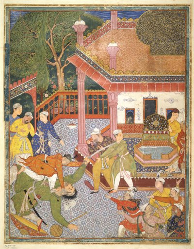 Un héros tue un géant devant une foule de spectateurs dans une cour, illustration du Hamza Nama, vers 1555-67 - Mughal School