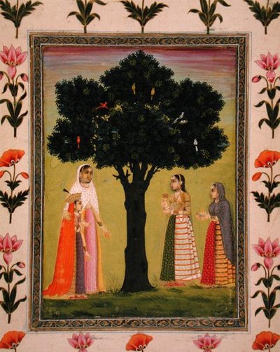 Une princesse avec son fils rencontre deux dames qui offrent des cadeaux, du Petit Album Clive - Mughal School