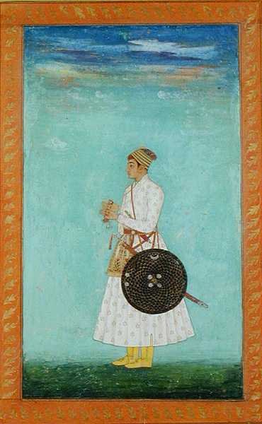 Un jeune noble de la cour moghole tenant une enveloppe en brocart scellée, c.1670-80, de l