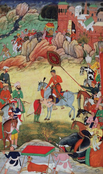 Adham Khan rendant hommage à Akbar à Sarangpur, Inde centrale, en 1560 ou 1561, de l