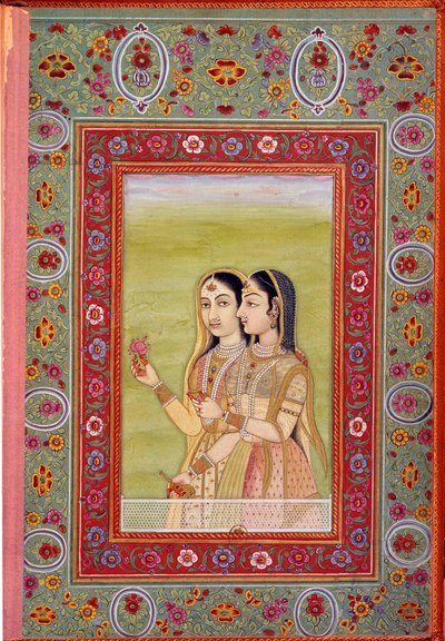 Art indien : miniature représentant deux femmes. 17ème siècle (période moghole) - Mughal School