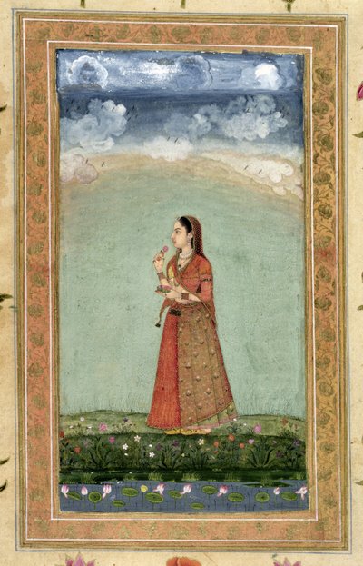 Dame tenant un bol de roses, du Petit Album Clive - Mughal School