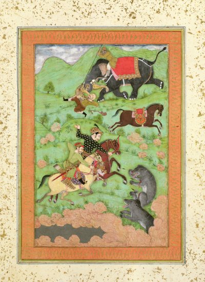 Princes Rajput chassant des ours; un mahout et son éléphant sauvent un cavalier tombé d