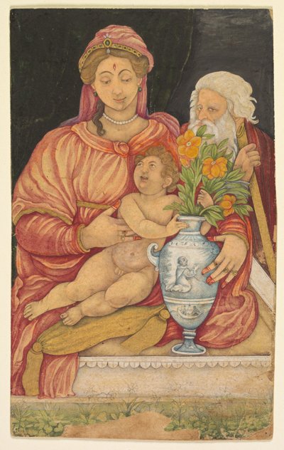 La Sainte Famille, vers 1620 (aquarelle opaque et or sur papier) - Mughal School