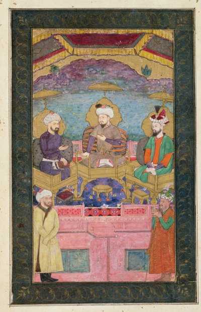Timur (1336-1405), Babur (1483-1530, r.1526-30) et Humayan (1508-56, r.1530-56) sur le trône ensemble, du Grand Album Clive, d