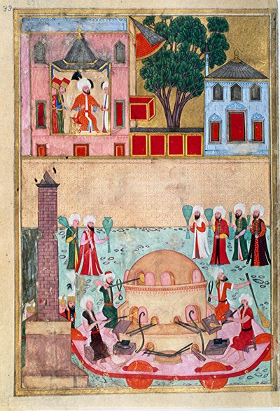 Souffleur de verre au champ de courses de Constantinople. Page tirée du « Surname-i Humayun » (Livre des Festivités) illustrée par Osman (vers 1582) - Mughal School Osman