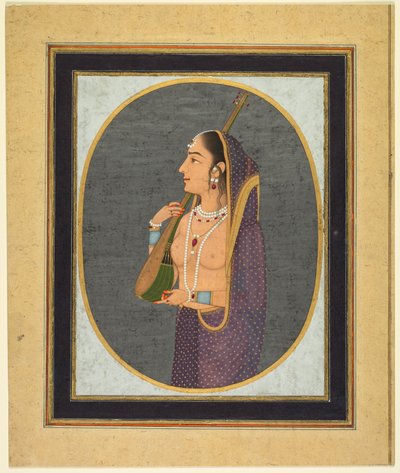 Dame de cour chantant et jouant de la vina, vers 1760 (aquarelle opaque, encre et or sur papier) - Muhammad Riza i Hindi