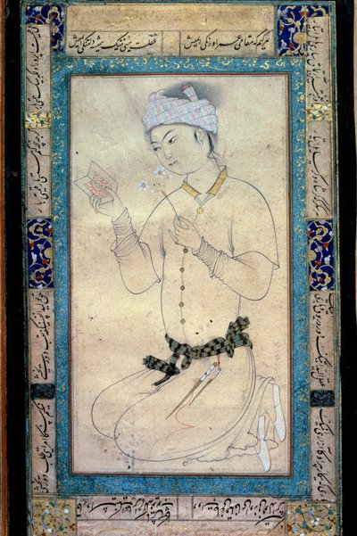 Jeune homme avec des livres et des narcisses. Miniature persane à la gouache de Muhammad Shaykh - Muhammad Shaykh
