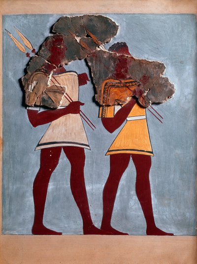 Art mycénien : guerriers. Fragment de fresque du palais de Tirynthe et reconstitution - Mycenaean