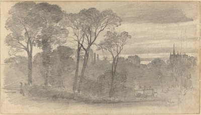 Un paysage du soir avec une cathédrale lointaine - Myles Birket Foster