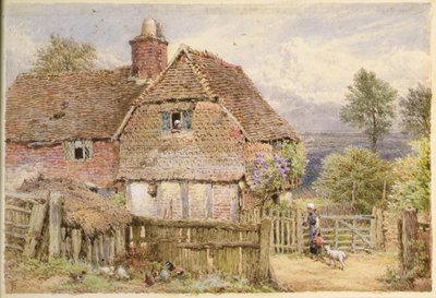 Fille avec un agneau près de la ferme - Myles Birket Foster