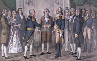 La première rencontre du général George Washington et du marquis de La Fayette à Philadelphie, 3 août 1777, publié en 1876 (lithographie en couleur) - N. and Ives J.M. (after) Currier
