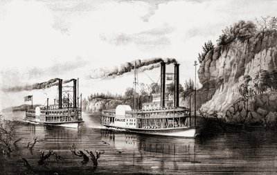 Bateaux à vapeur faisant la course sur le fleuve Mississippi, USA - N. and Ives J.M. Currier