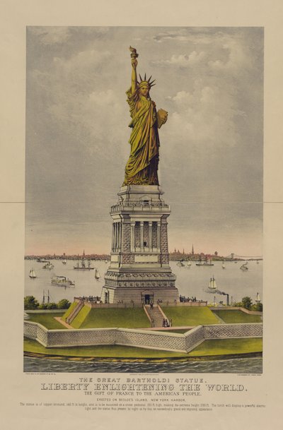 La grande statue de Bartholdi, La Liberté éclairant le monde, Le cadeau de la France au peuple américain, c.1885 (chromolithographie) - Currier and Ives