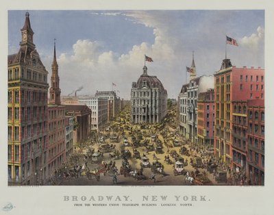 Broadway, New York depuis le bâtiment Western Union Telegraph regardant vers le nord - Currier and Ives
