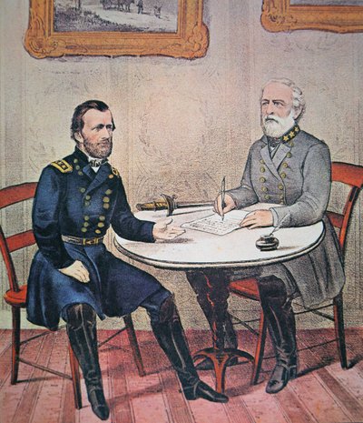 Le général Robert E. Lee se rend au général Ulysses S. Grant à Appomattox Courthouse, 9 avril 1865 (lithographie en couleur) - Currier and Ives