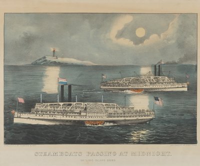 Bateaux à vapeur passant à minuit sur le Long Island Sound - Currier and Ives