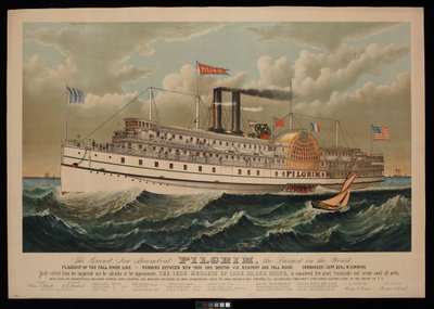 Le grand nouveau bateau à vapeur Pilgrim, le plus grand du monde. Navire amiral de la Fall River Line - entre New York et Boston via Newport et Fall River - N. and Ives J.M. (1824 95) Currier