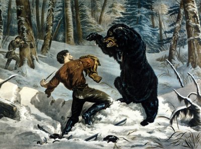 La vie des trappeurs (chasseurs professionnels) au Canada : un chasseur est attaqué par un ours grizzly. Illustration de Yves et Currier. - Currier and Ives