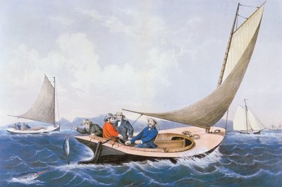 Pêche à la traîne pour le poisson bleu au large des côtes du Maine - Currier and Ives