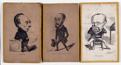 3 Portraits-charge : François Pierre Guillaume Guizot (1787-1874), historien et homme politique français, Charles Jean-Baptiste (Jean Baptiste) Jacquot dit Eugène de Mirecourt (1812-1880), journaliste et écrivain français, et Pierre-Joseph Proudhon - Nadar