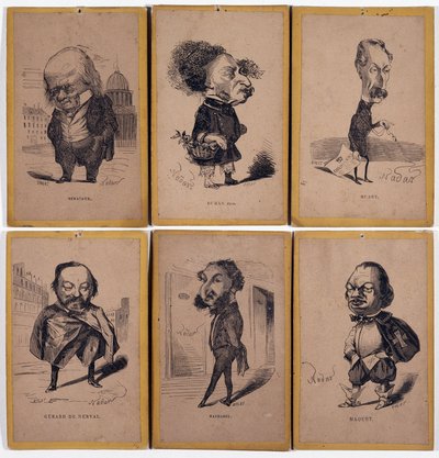 6 Portraits chargés : Pierre Jean de Béranger (1780-1857) chansonnier français, Alexandre Dumas fils (1824-1895), Louis Adrien Huart (1813-1865) journaliste, écrivain et directeur de théâtre français, Gérard de Nerval (1808-1855), écrivain français, Charle - Nadar