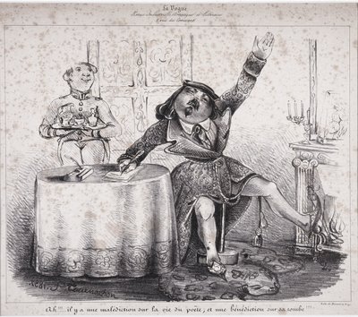 Ah!!! il y a une malédiction sur la vie du poète, et une malédiction sur sa tombe!!!. Un des premiers dessins de Félix Tournachon paru dans « La Vogue, revue industrielle, artistique et littéraire » - Nadar