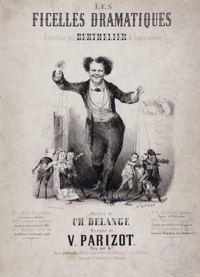Portrait de Jean Berthelier (1830-1888) tenant les fils de marionnettes. Album « Les Ficelles Dramatiques déroulées par Berthelier de l