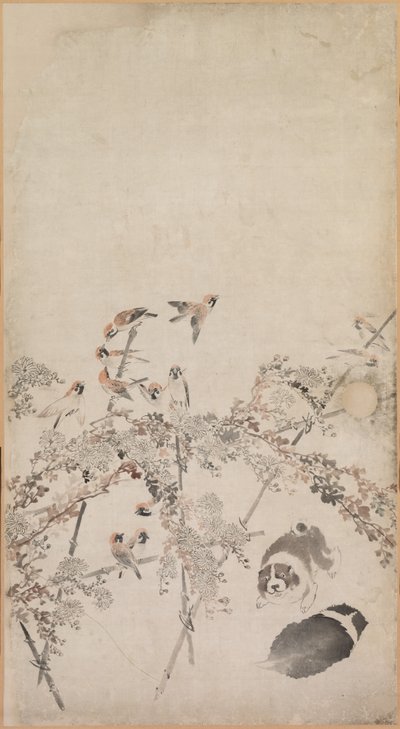 Chiots, Moineaux et Chrysanthèmes - Nagasawa Rosetsu