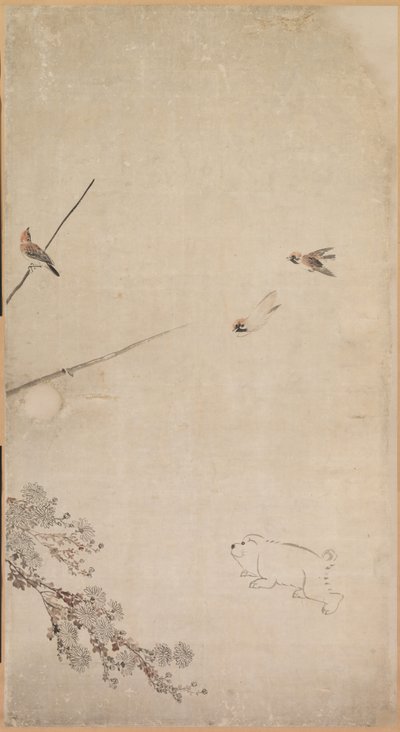 Chiots, Moineaux et Chrysanthèmes - Nagasawa Rosetsu