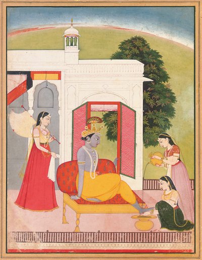 Les pieds de Krishna lavés par des servantes, Punjab Hills, Basohli, c.1780 - Nainsukh