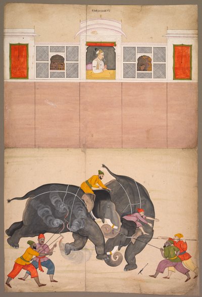 Deux éléphants se battant dans une cour devant Muhammad Shah, vers 1730-40 - Nainsukh