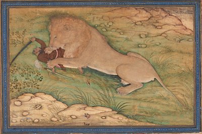 Les périls de la chasse, un lion bondit sur un chasseur, vers 1615 - Nanha
