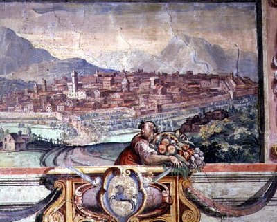 Chambre, détail de la frise représentant des villes sous la domination des Médicis, peut-être Volterra - Nanni di B. Bigio and Bartolomeo Ammannati