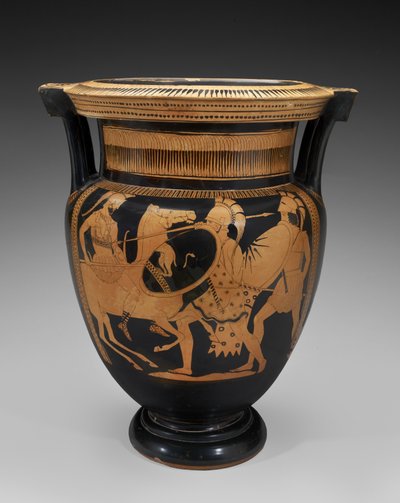 Cratère à colonnes en terre cuite à figures rouges avec scène de bataille - Naples Painter (attr. to)
