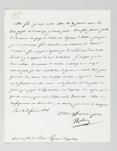 Lettre signée de Napoléon à son beau-fils, le prince Eugène de Beauharnais - Napoleon Bonaparte
