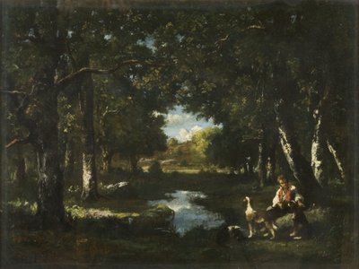 Homme et chien se reposant dans une clairière forestière - Narcisse Virgile Diaz de la Peña