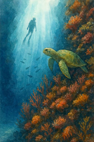 Plongeur et tortue de mer - Natalie Bruns